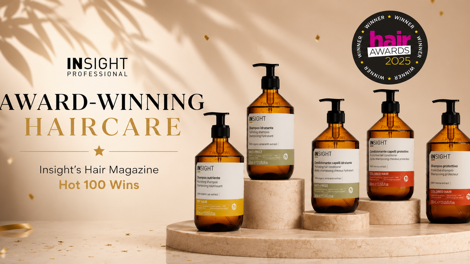 Insight Professional award-winning haircare collection featuring Hair Awards 2025 Hot 100 winning shampoos and conditioners displayed with the Hair Awards Winner 2025 logo on a premium gold background.
