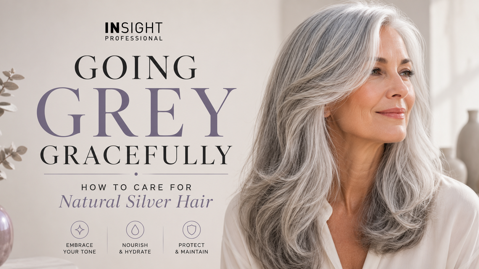 Insight Professional blog banner featuring a woman with healthy natural silver and grey hair, providing guidance on caring for grey hair, maintaining shine, preventing yellow tones and keeping silver hair looking its best.