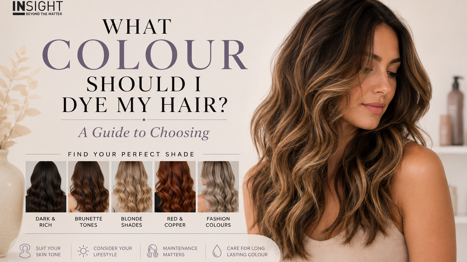 Insight Professional blog banner featuring a brunette balayage hairstyle alongside a selection of hair colour options, helping readers choose the most suitable hair colour based on skin tone, lifestyle and maintenance preferences.