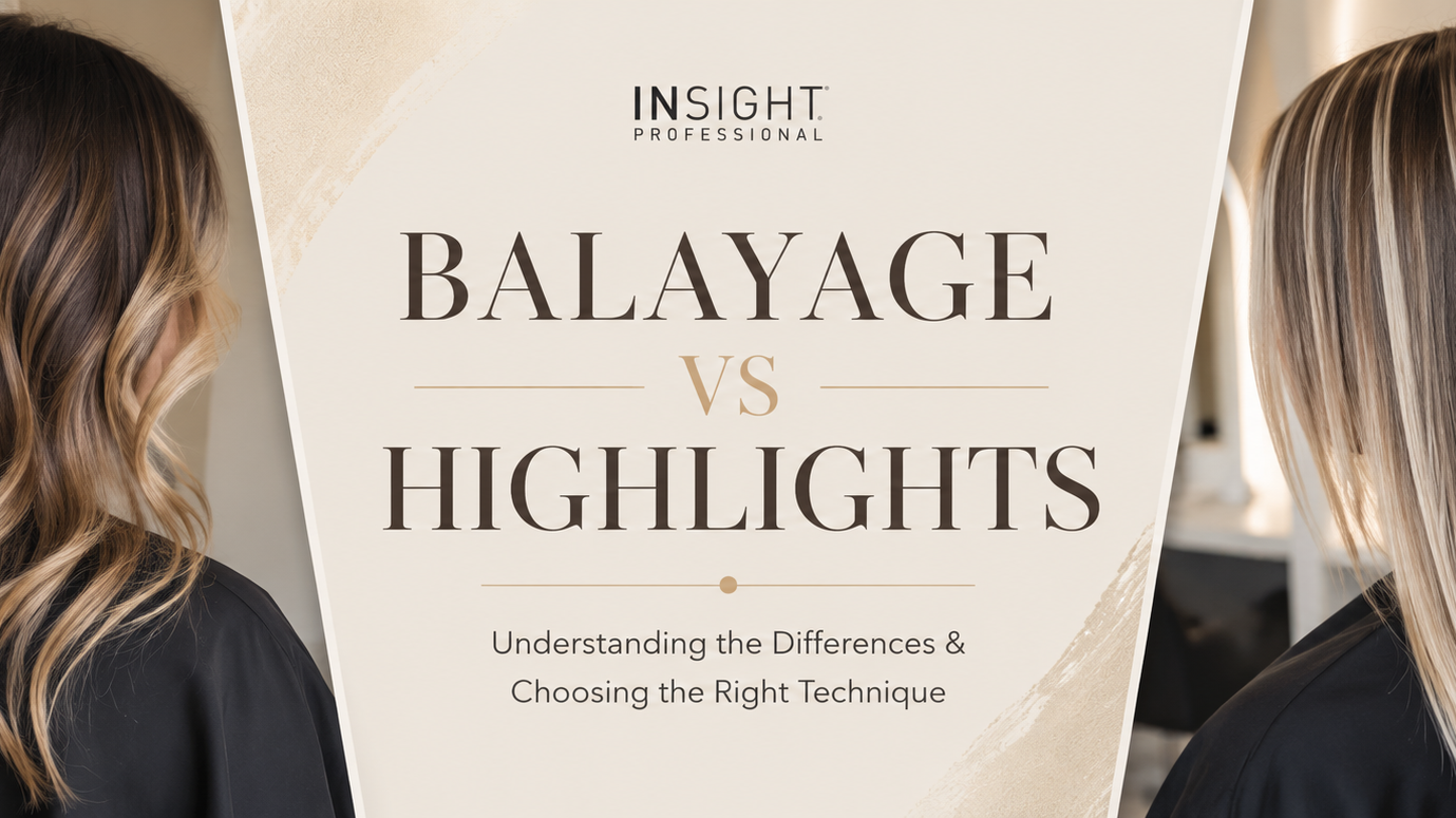 Professional comparison banner showing balayage and traditional highlights side by side, illustrating the difference between soft hand-painted colour and structured foil highlighting techniques.