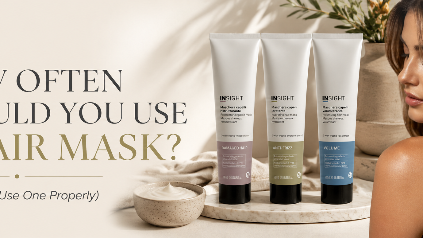 Insight Professional blog banner featuring nourishing hair masks and healthy glossy hair, illustrating how often to use a hair mask and the correct application techniques for maintaining strong, hydrated hair.