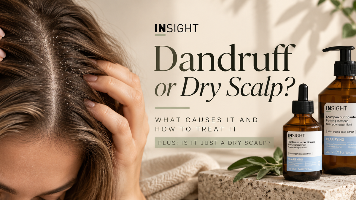 Close-up of a woman parting her hair to reveal a flaky scalp, alongside Insight Professional Clarifying Purifying Shampoo and Scalp Treatment, illustrating the causes of dandruff, dry scalp and scalp care solutions.