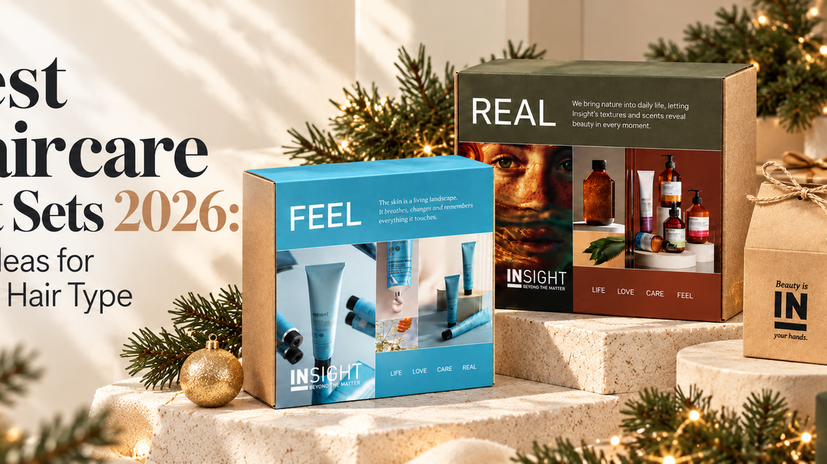 INSIGHT Professional haircare gift sets for Christmas 2026, featuring REAL and FEEL gift boxes with festive decorations, ideal for gifting different hair types.