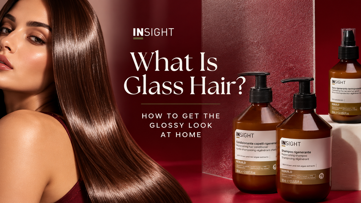 Woman with sleek, glossy brunette glass hair alongside Insight Professional Rebuild Shampoo, Conditioner and Thermal Serum, illustrating how to achieve smooth, shiny, mirror-like hair at home.