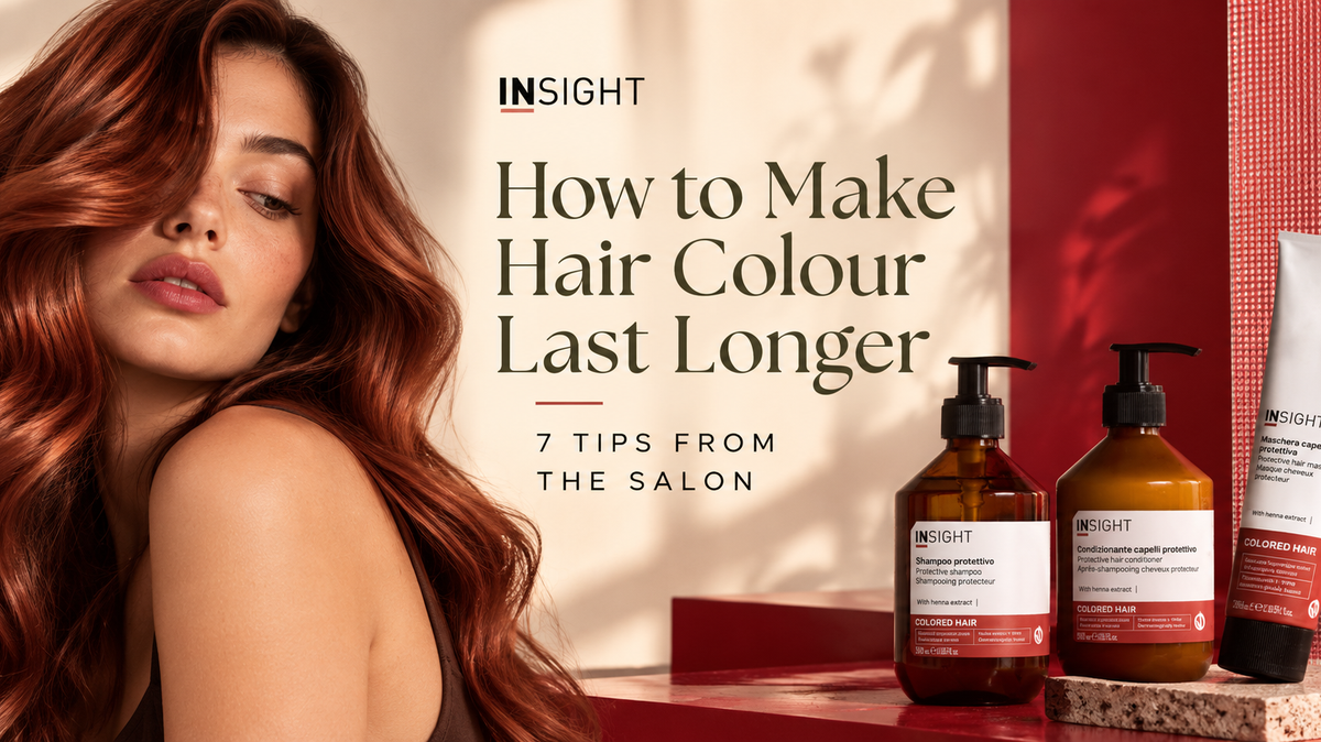 Woman with long, glossy auburn hair alongside Insight Professional Coloured Hair Shampoo, Conditioner and Protective Hair Mask, illustrating salon tips to make hair colour last longer and prevent fading.