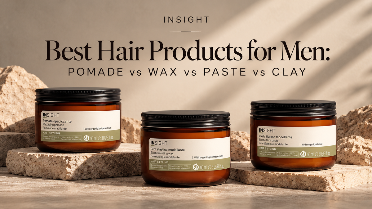 INSIGHT Professional men's hair styling products featuring Mattifying Pomade, Elastic Molding Wax and Elastic Fibre Paste.