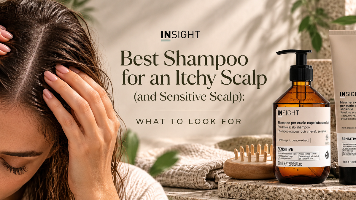 INSIGHT Sensitive Scalp Shampoo, Scalp Mask, Lenitive Scalp Cream and Dermo-Calming Shampoo displayed beside a woman massaging her scalp.