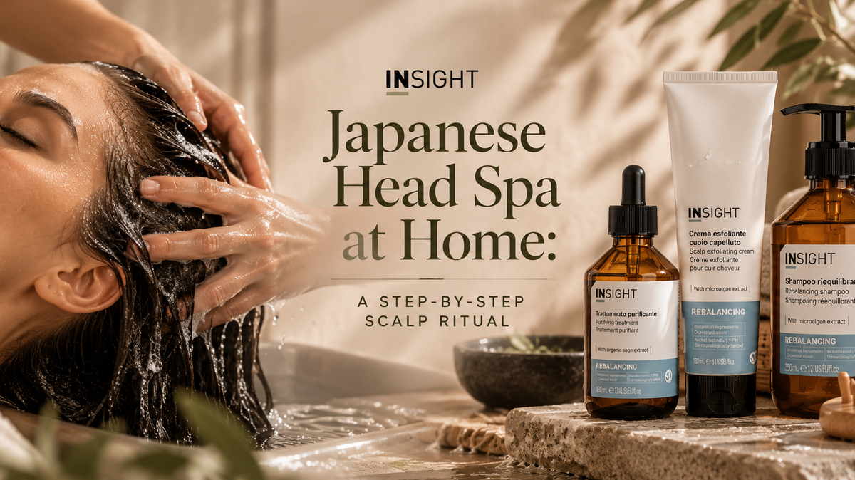 Woman enjoying a Japanese head spa massage alongside Insight Professional scalp care products.