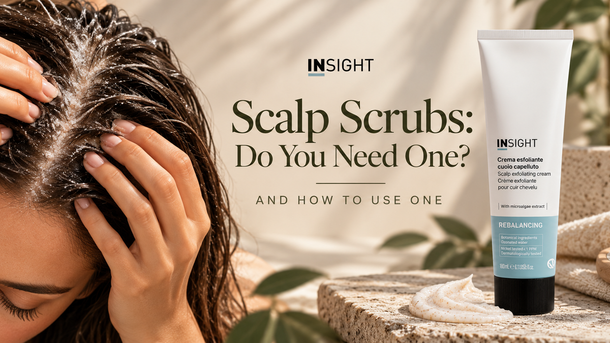 Woman massaging a scalp scrub into her hair alongside Insight Professional Rebalancing Scalp Exfoliating Cream.