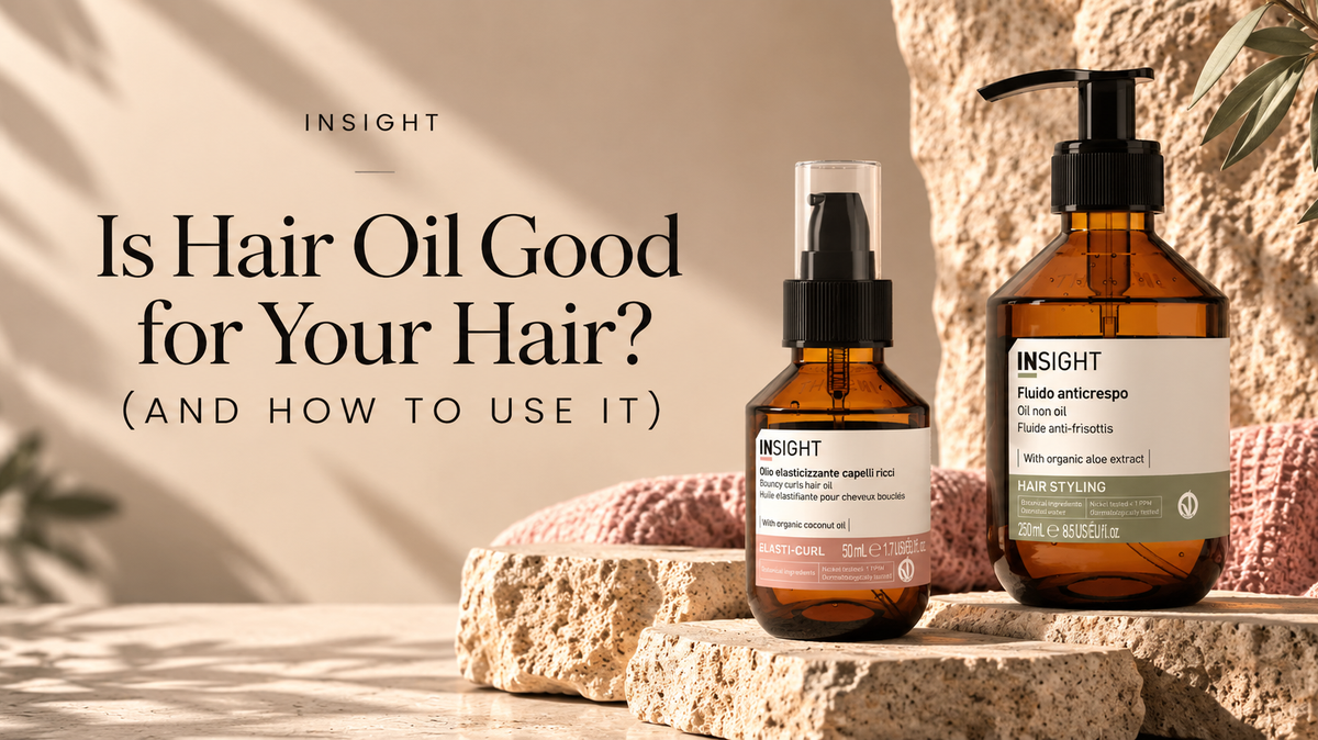 INSIGHT Elasti-Curl Bouncy Curls Hair Oil and Oil Non Oil displayed on natural stone for a hair oil guide.