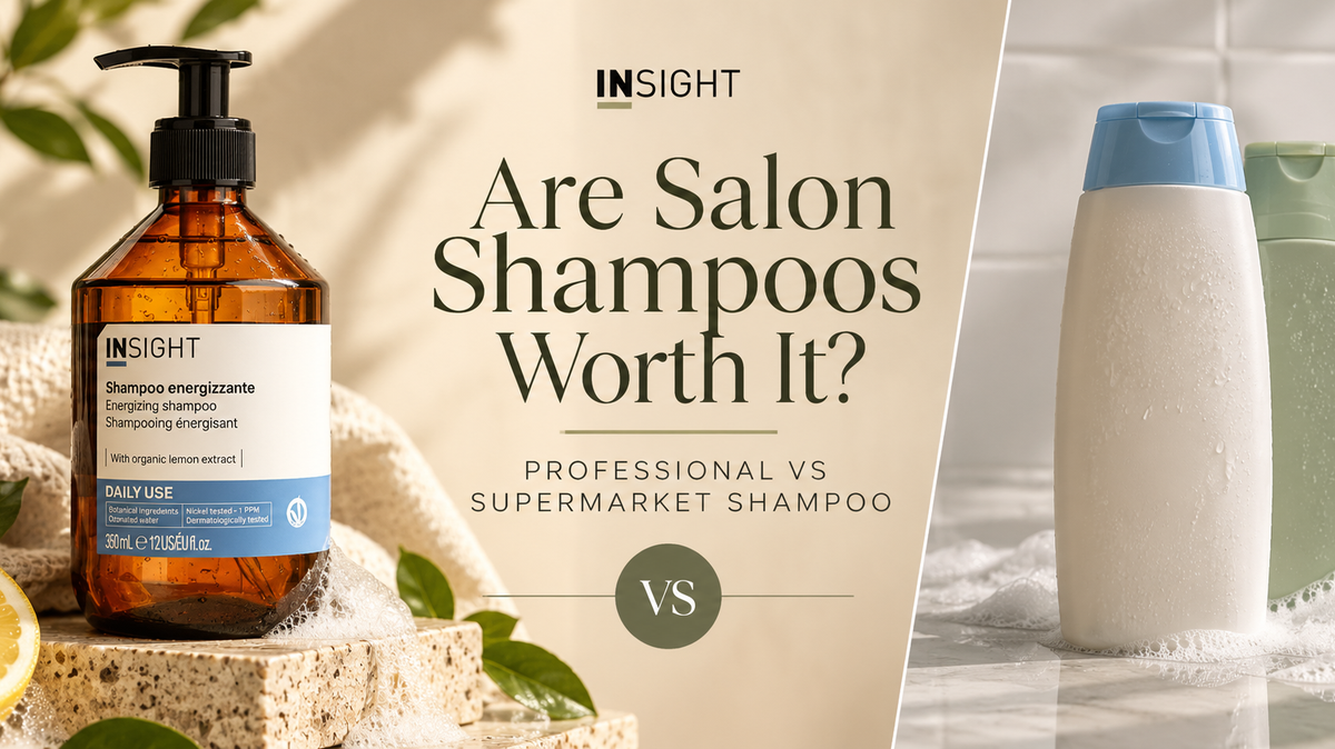 Insight Professional Daily Use Energizing Shampoo compared with generic supermarket shampoo bottles, illustrating the differences between professional salon shampoo and high-street haircare products.