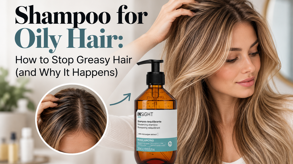 INSIGHT Rebalancing Shampoo for oily hair, shown alongside a woman with fresh, voluminous hair and a close-up of greasy roots, illustrating how to manage oily hair and scalp.