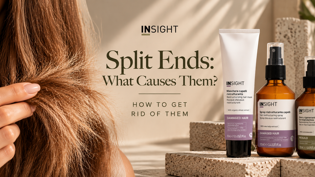 Close-up of a woman holding dry, split hair ends alongside Insight Professional Restructurizing Hair Mask, Restructurizing Spray and Rebuild Thermal Care Serum, illustrating the causes of split ends and how to prevent further hair damage.