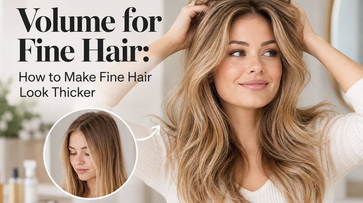 Woman with voluminous, wavy blonde hair showing how to make fine hair look thicker, with a before-and-after comparison of flat and fuller hair.
