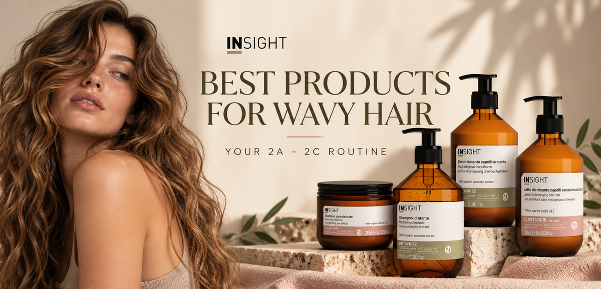 Woman with long, naturally wavy hair alongside Insight Professional Elasti-Curl and Anti-Frizz haircare products, featuring a simple wavy hair routine for 2A to 2C hair types.