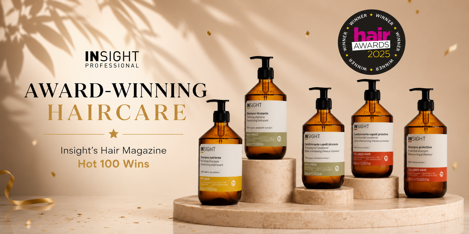 Insight Professional award-winning haircare collection featuring Hair Awards 2025 Hot 100 winning shampoos and conditioners displayed with the Hair Awards Winner 2025 logo on a premium gold background.