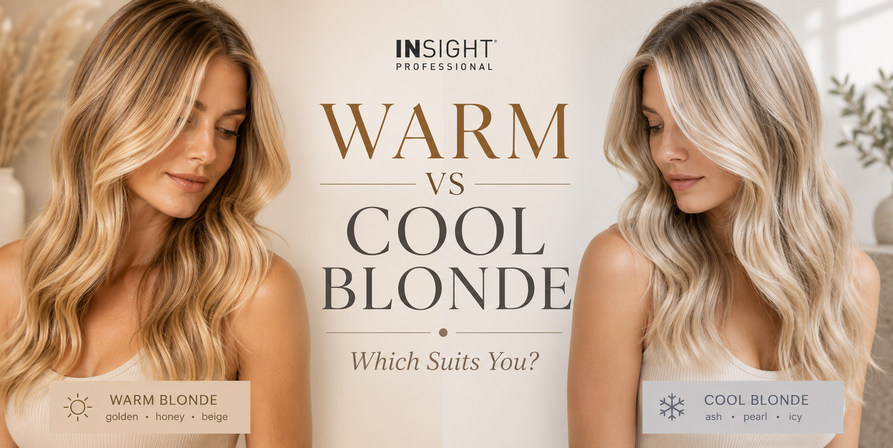 Insight Professional blog banner comparing warm golden blonde tones and cool ash blonde tones side by side, helping readers understand the differences between warm and cool blonde hair colours and which shade may suit them best.
