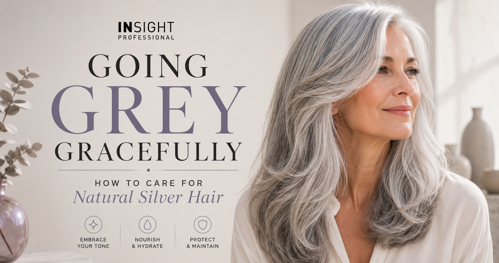 Insight Professional blog banner featuring a woman with healthy natural silver and grey hair, providing guidance on caring for grey hair, maintaining shine, preventing yellow tones and keeping silver hair looking its best.