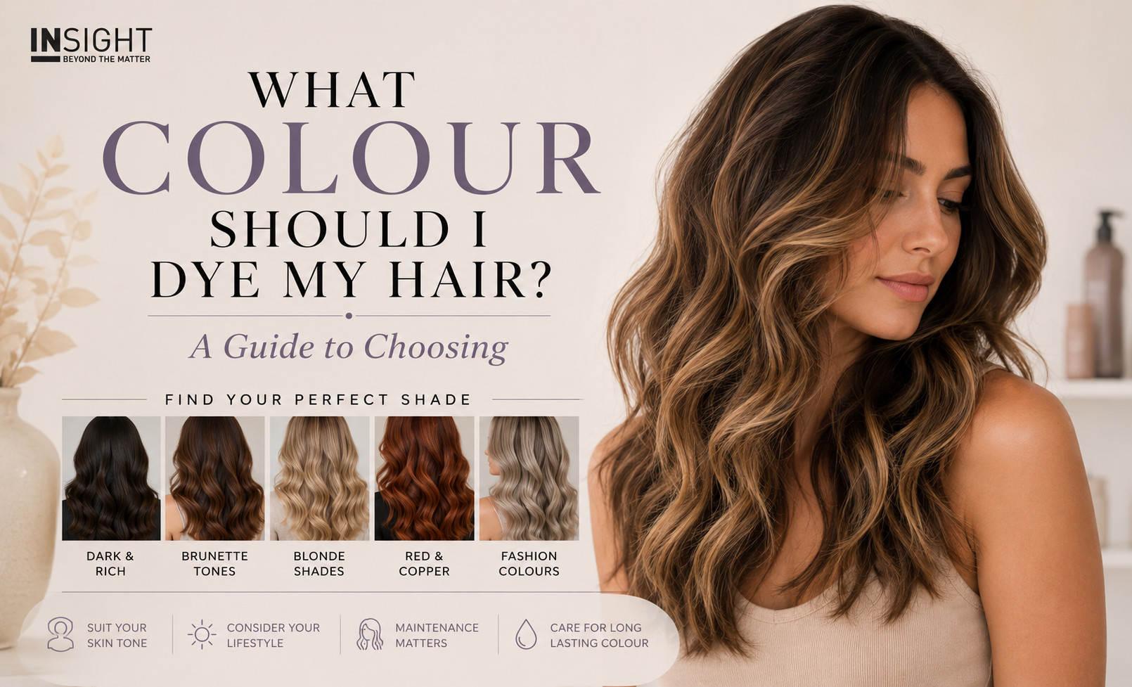 Insight Professional blog banner featuring a brunette balayage hairstyle alongside a selection of hair colour options, helping readers choose the most suitable hair colour based on skin tone, lifestyle and maintenance preferences.
