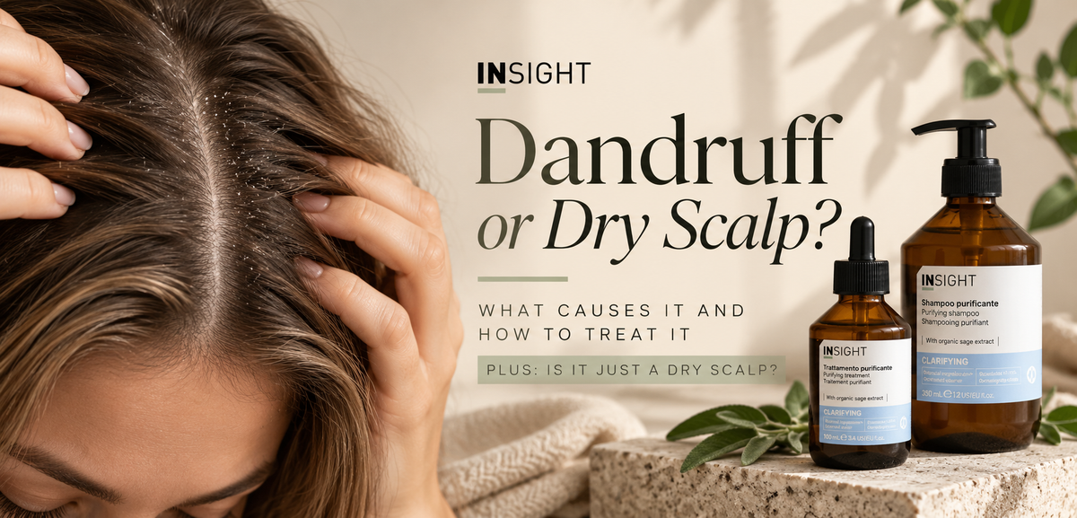 Close-up of a woman parting her hair to reveal a flaky scalp, alongside Insight Professional Clarifying Purifying Shampoo and Scalp Treatment, illustrating the causes of dandruff, dry scalp and scalp care solutions.