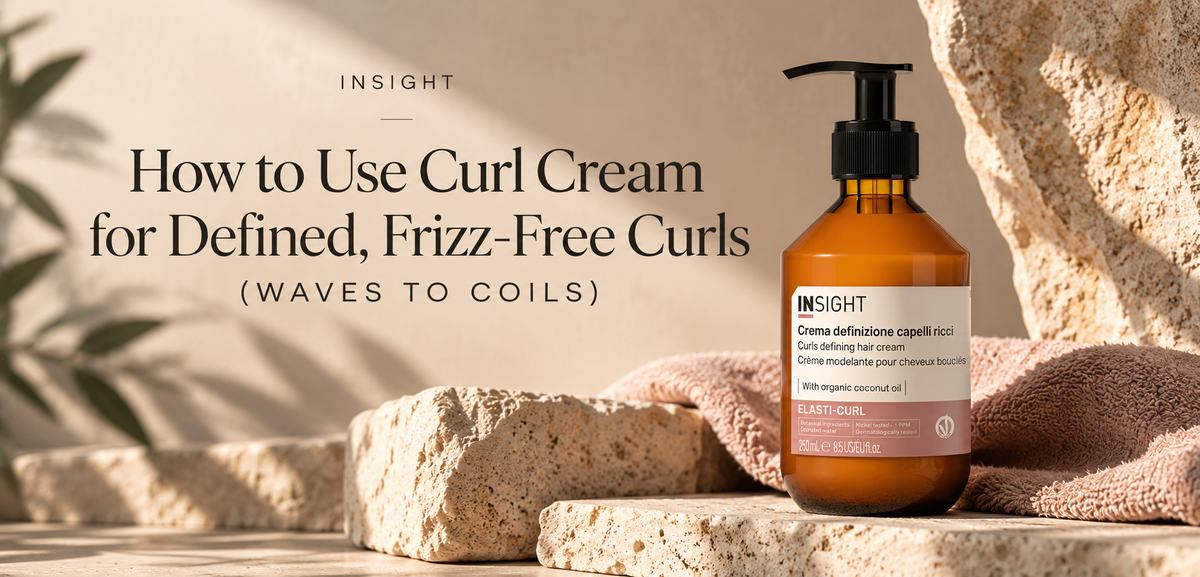 INSIGHT Elasti-Curl Curl Defining Hair Cream on a stone display for a guide to defined, frizz-free curls and waves.