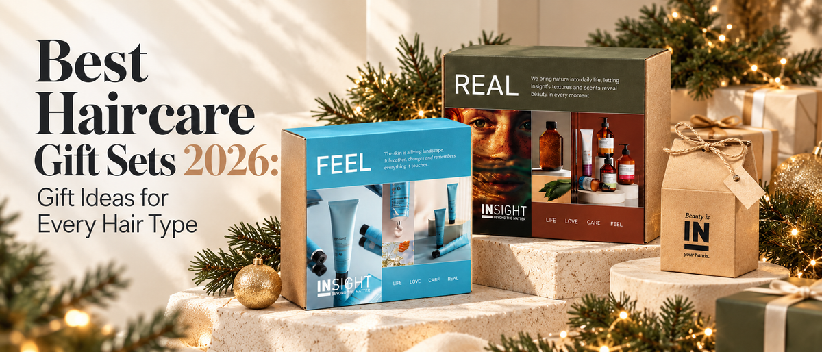 INSIGHT Professional haircare gift sets for Christmas 2026, featuring REAL and FEEL gift boxes with festive decorations, ideal for gifting different hair types.