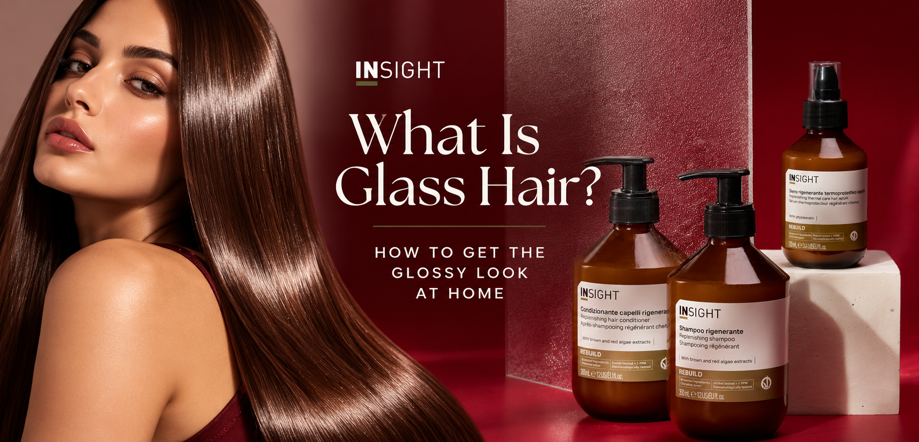 Woman with sleek, glossy brunette glass hair alongside Insight Professional Rebuild Shampoo, Conditioner and Thermal Serum, illustrating how to achieve smooth, shiny, mirror-like hair at home.