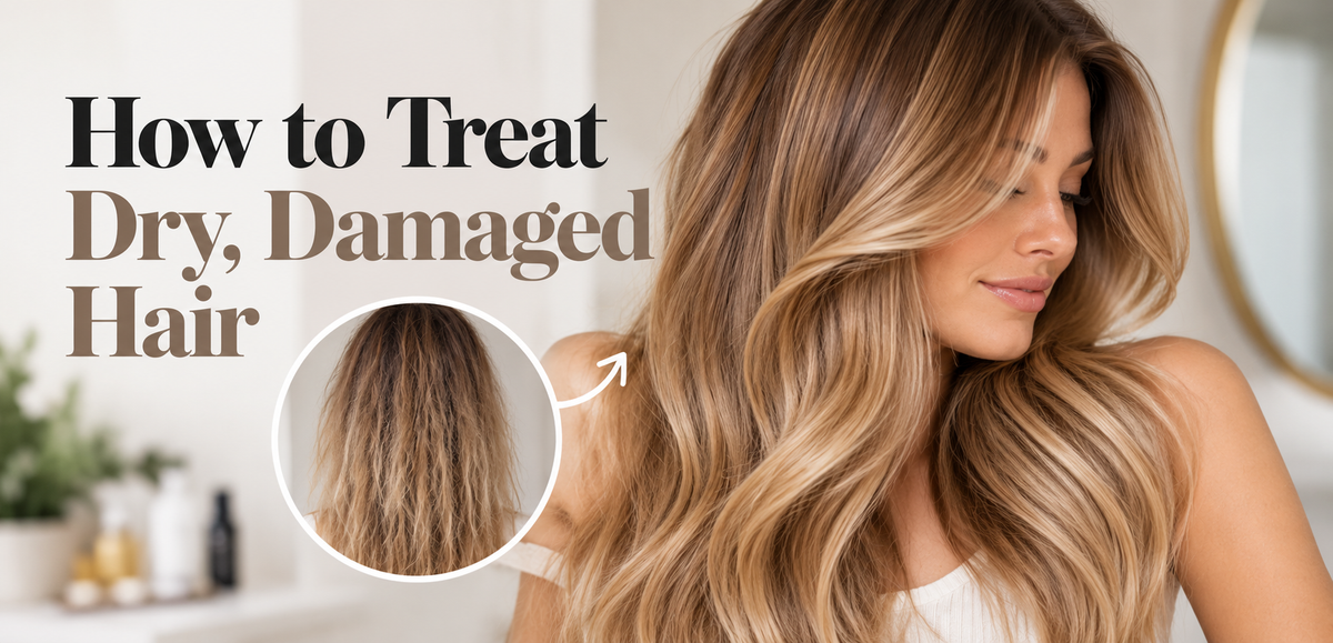 Before-and-after comparison of dry, damaged, frizzy hair and smooth, shiny, healthy-looking blonde hair, illustrating how to treat damaged hair.