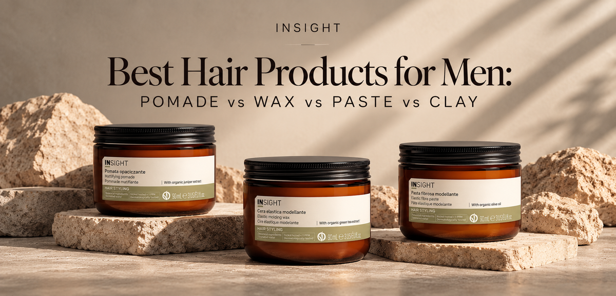 INSIGHT Professional men's hair styling products featuring Mattifying Pomade, Elastic Molding Wax and Elastic Fibre Paste.