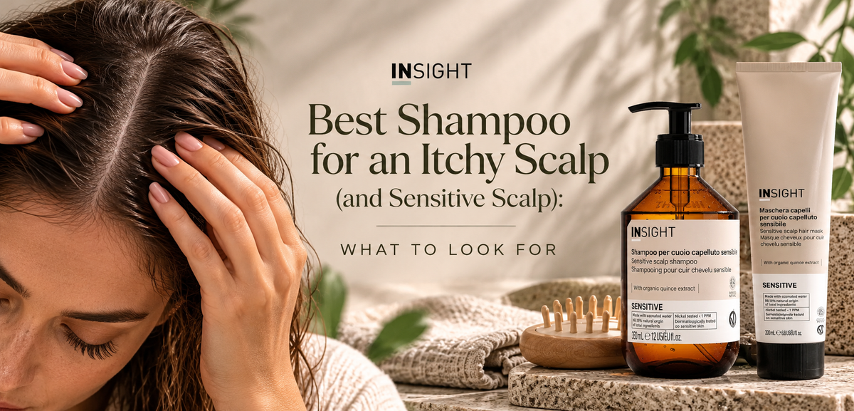 INSIGHT Sensitive Scalp Shampoo, Scalp Mask, Lenitive Scalp Cream and Dermo-Calming Shampoo displayed beside a woman massaging her scalp.