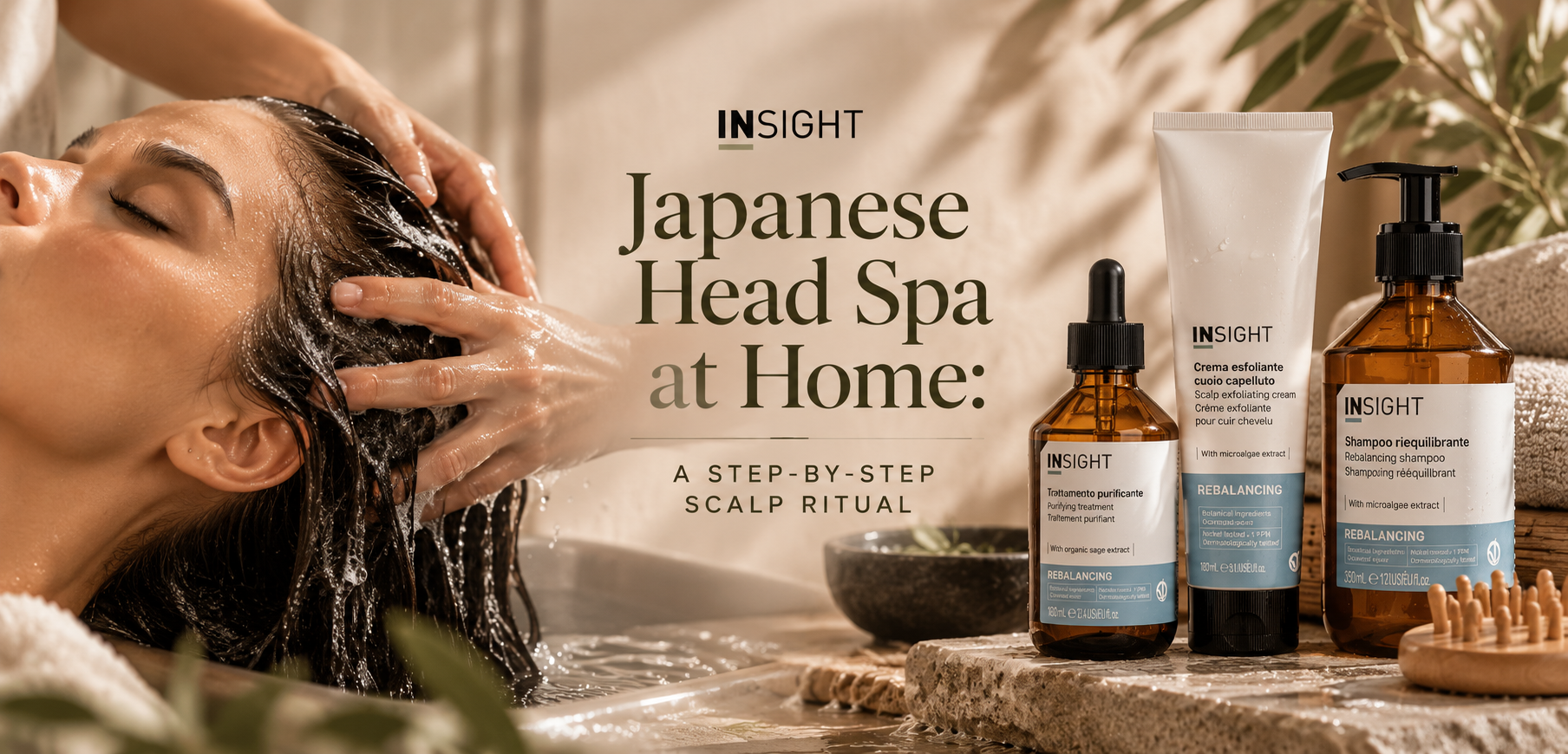 Woman enjoying a Japanese head spa massage alongside Insight Professional scalp care products.