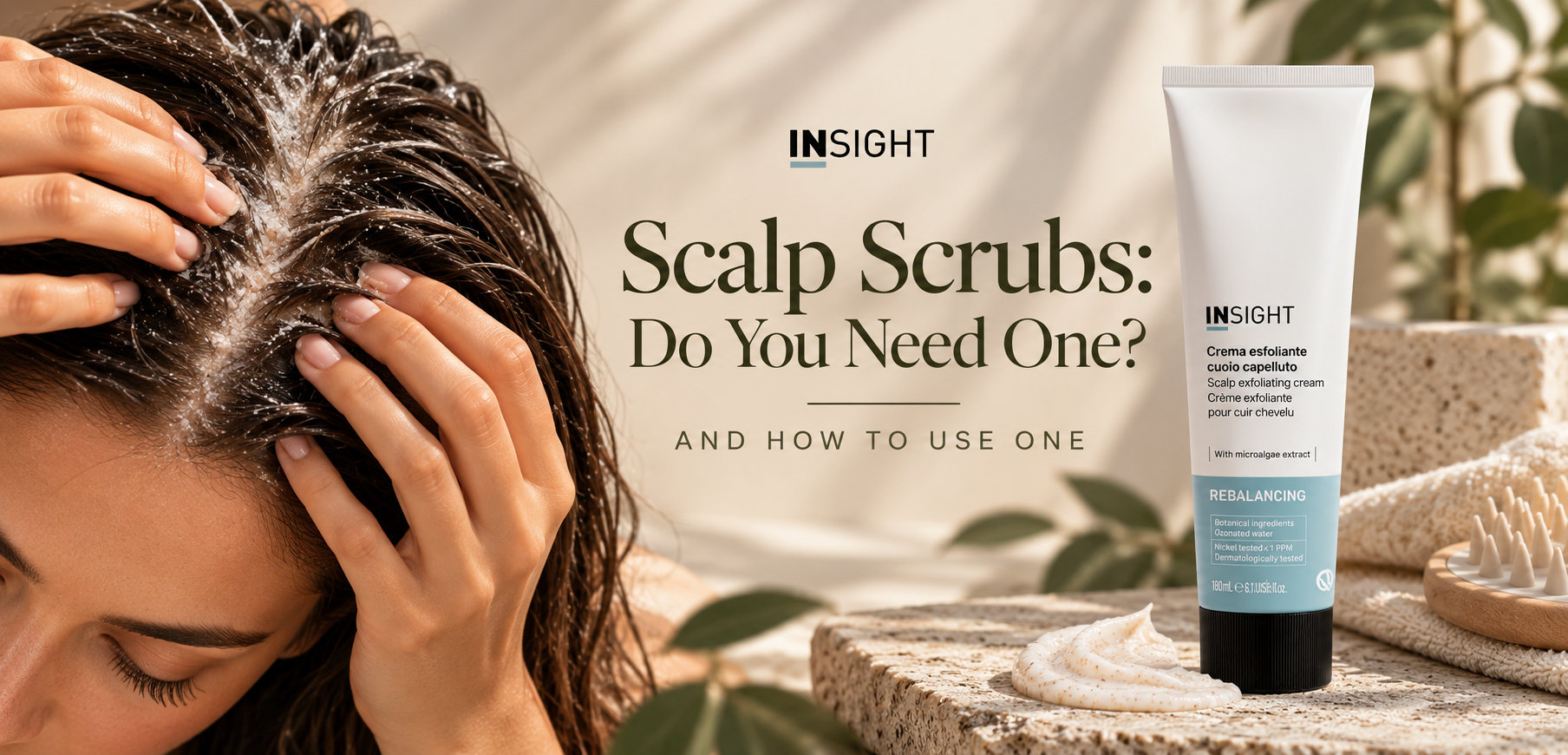 Woman massaging a scalp scrub into her hair alongside Insight Professional Rebalancing Scalp Exfoliating Cream.