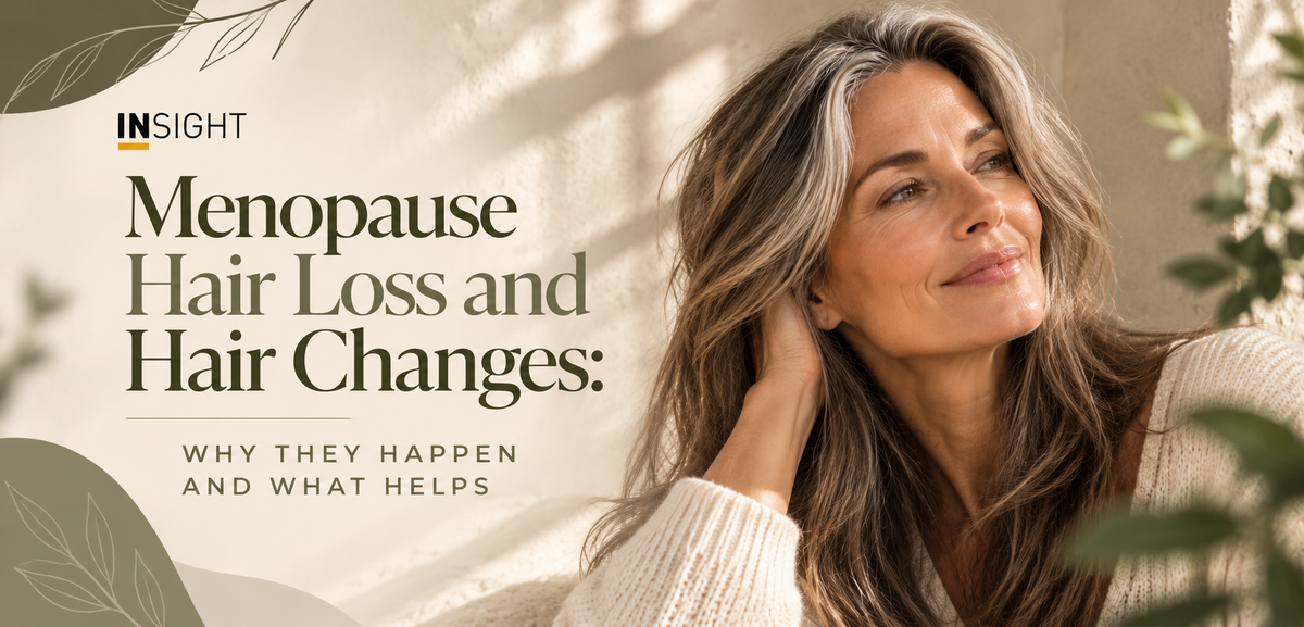 Mature woman with naturally highlighted hair on an Insight blog cover about menopause hair loss, hair changes and hair care tips.