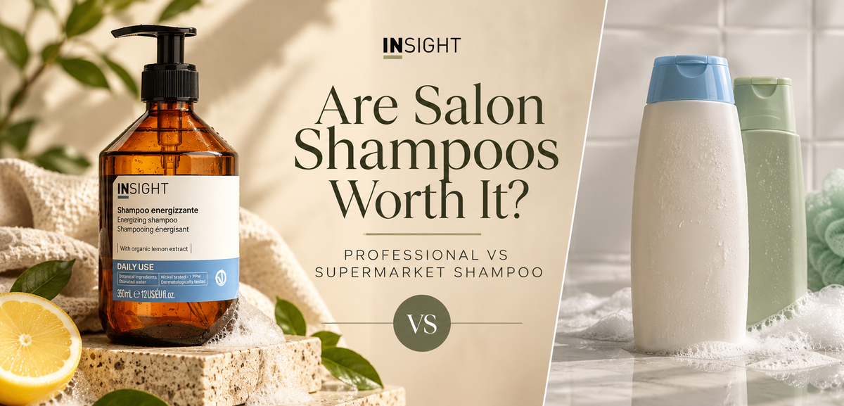 Insight Professional Daily Use Energizing Shampoo compared with generic supermarket shampoo bottles, illustrating the differences between professional salon shampoo and high-street haircare products.