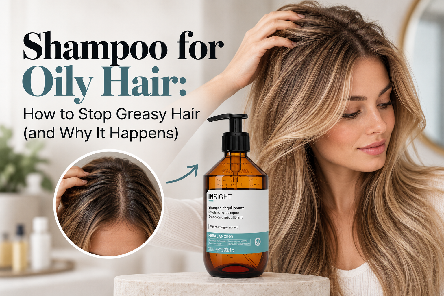 INSIGHT Rebalancing Shampoo for oily hair, shown alongside a woman with fresh, voluminous hair and a close-up of greasy roots, illustrating how to manage oily hair and scalp.