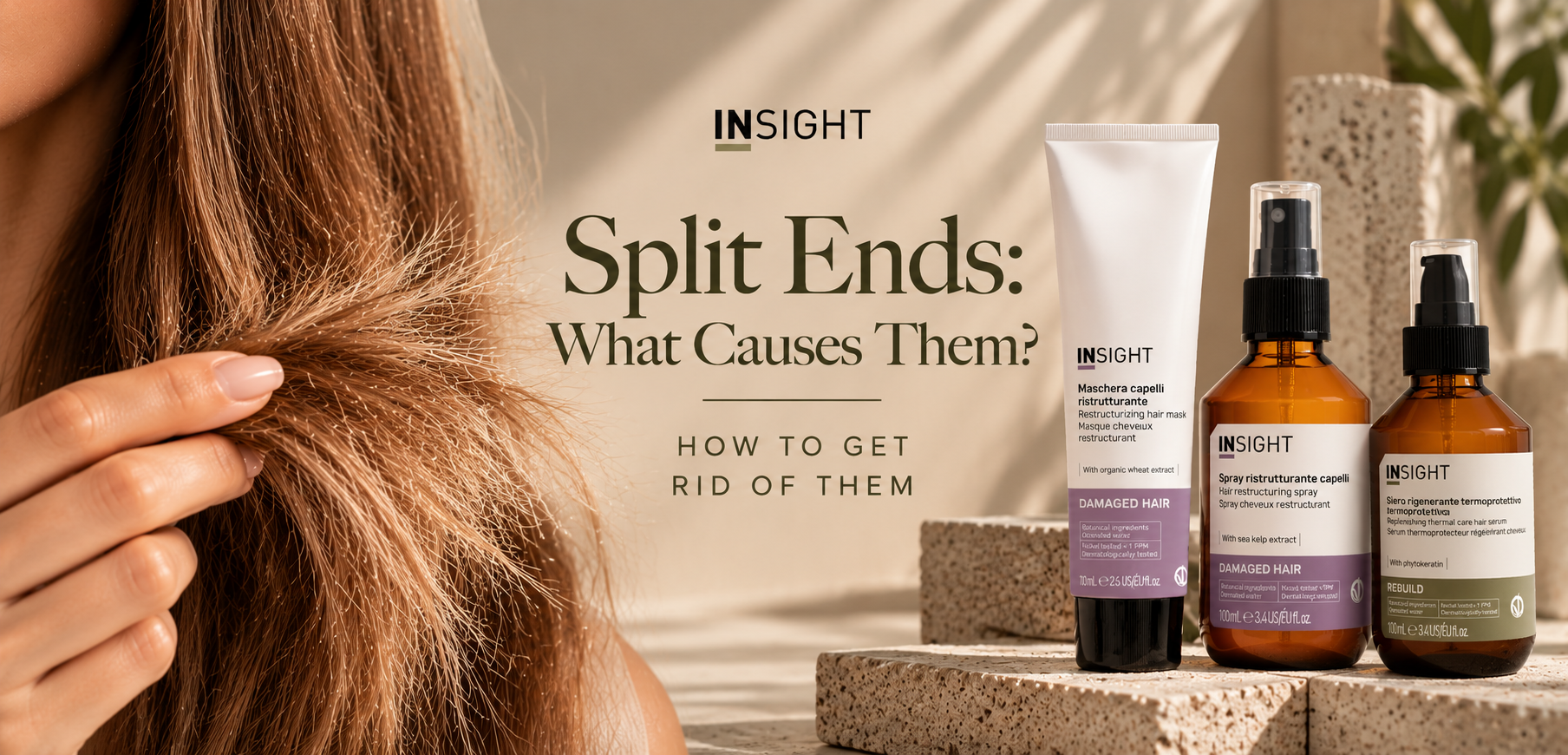 Close-up of a woman holding dry, split hair ends alongside Insight Professional Restructurizing Hair Mask, Restructurizing Spray and Rebuild Thermal Care Serum, illustrating the causes of split ends and how to prevent further hair damage.