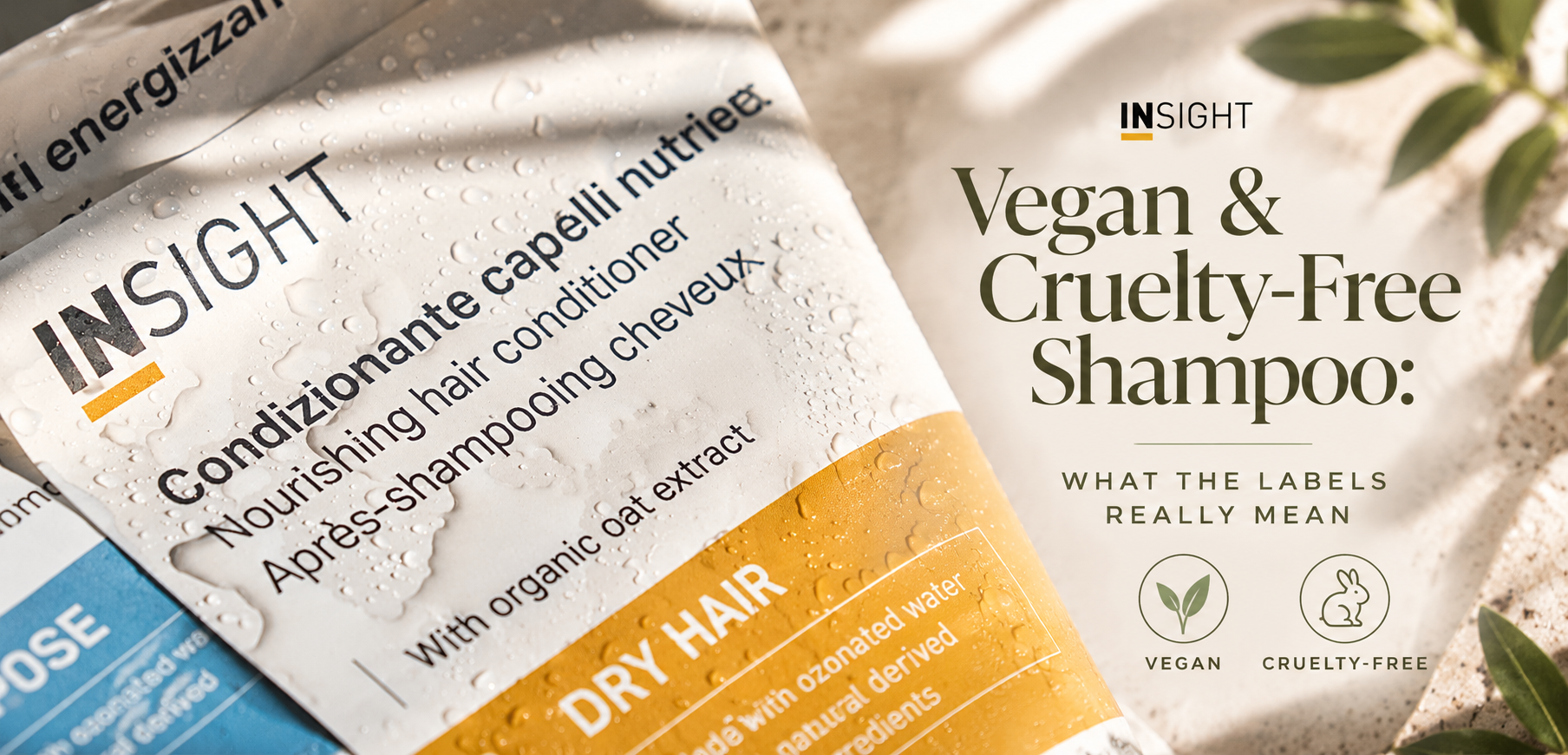 INSIGHT Professional nourishing haircare products with vegan and cruelty-free symbols, featured in a guide to understanding shampoo labels.
