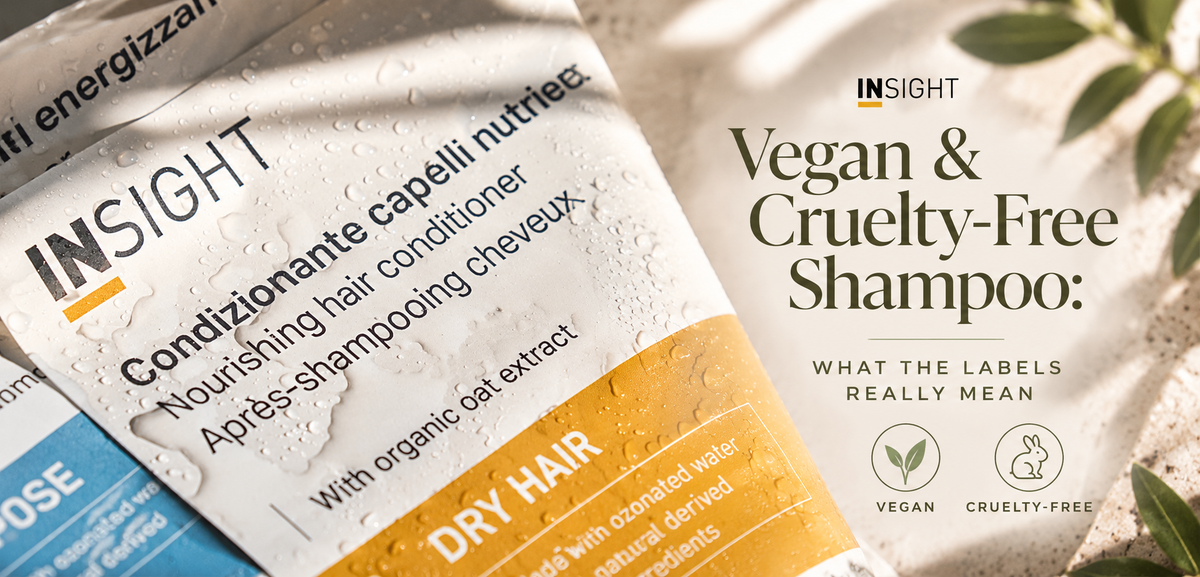 INSIGHT Professional nourishing haircare products with vegan and cruelty-free symbols, featured in a guide to understanding shampoo labels.