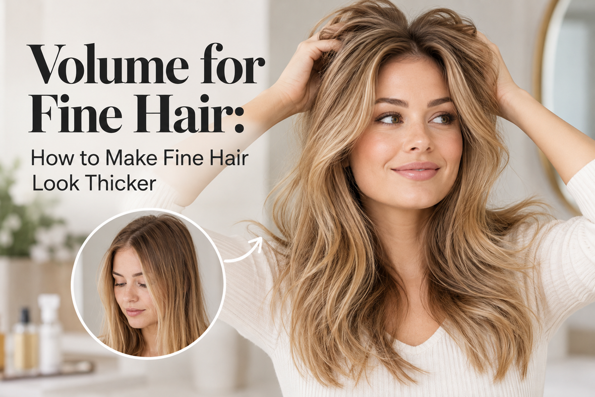 Woman with voluminous, wavy blonde hair showing how to make fine hair look thicker, with a before-and-after comparison of flat and fuller hair.